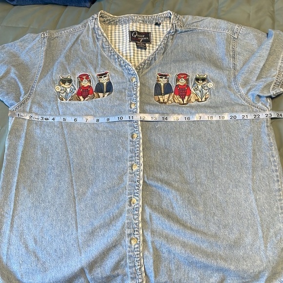 90s Cottage Cat Embroidered Cool Shirt Denim Granny Large Jean Blue Catlady - Picture 14 of 16